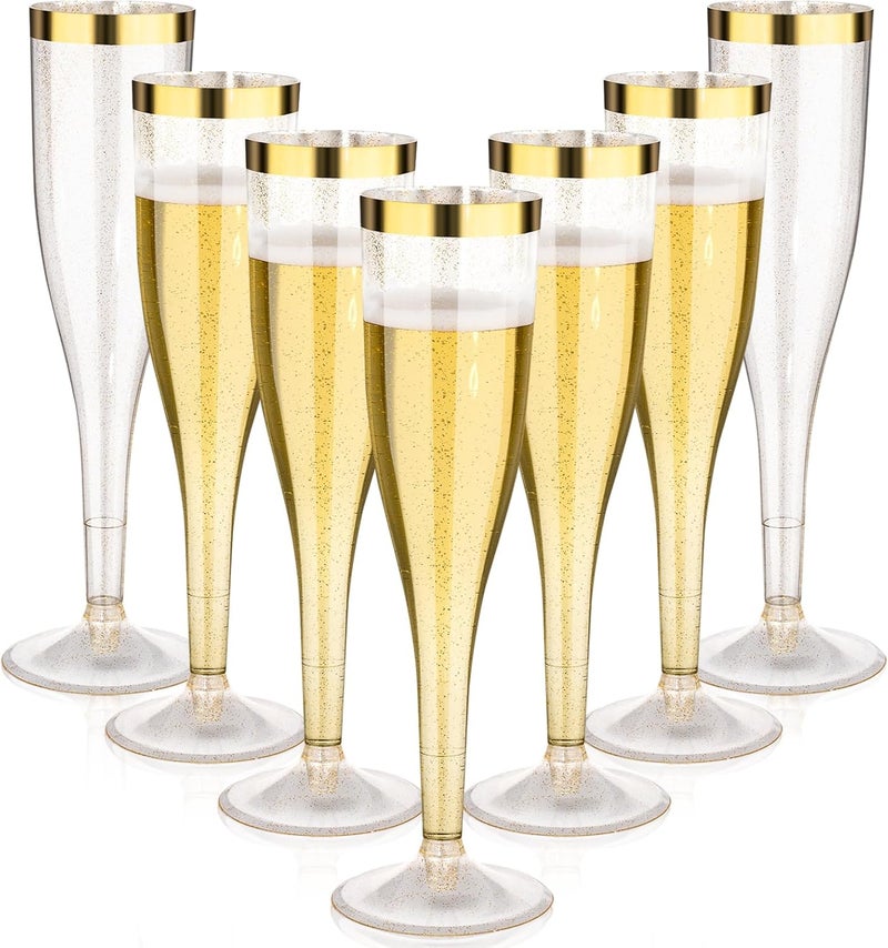 Goodluck 48 Pack 6.5 oz Plastic Gold Glitter Champagne Flutes with Gold Rim, Disposable Champagne Toasting Glasses for Wedding, Engagement, Party, Mimosa Bar - Image 1